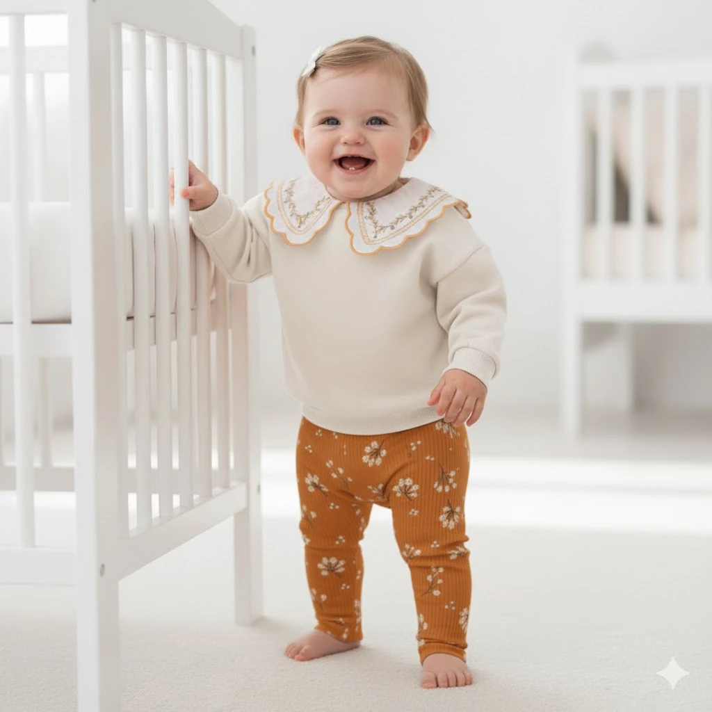 Moon Baby Nakış Yakalı Pamuk Kumaşlı Kız Bebek 2li Takım - Ekru