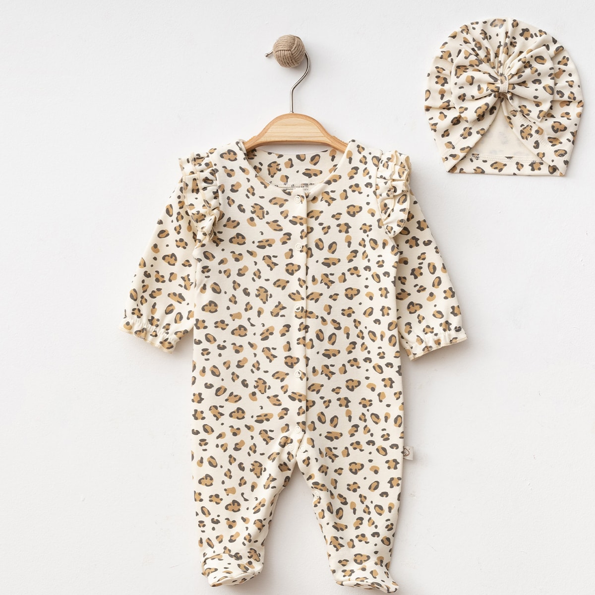 Moonaself Baby Organik Pamuk Kumaşlı Boneli Leopar Desenli Tulum