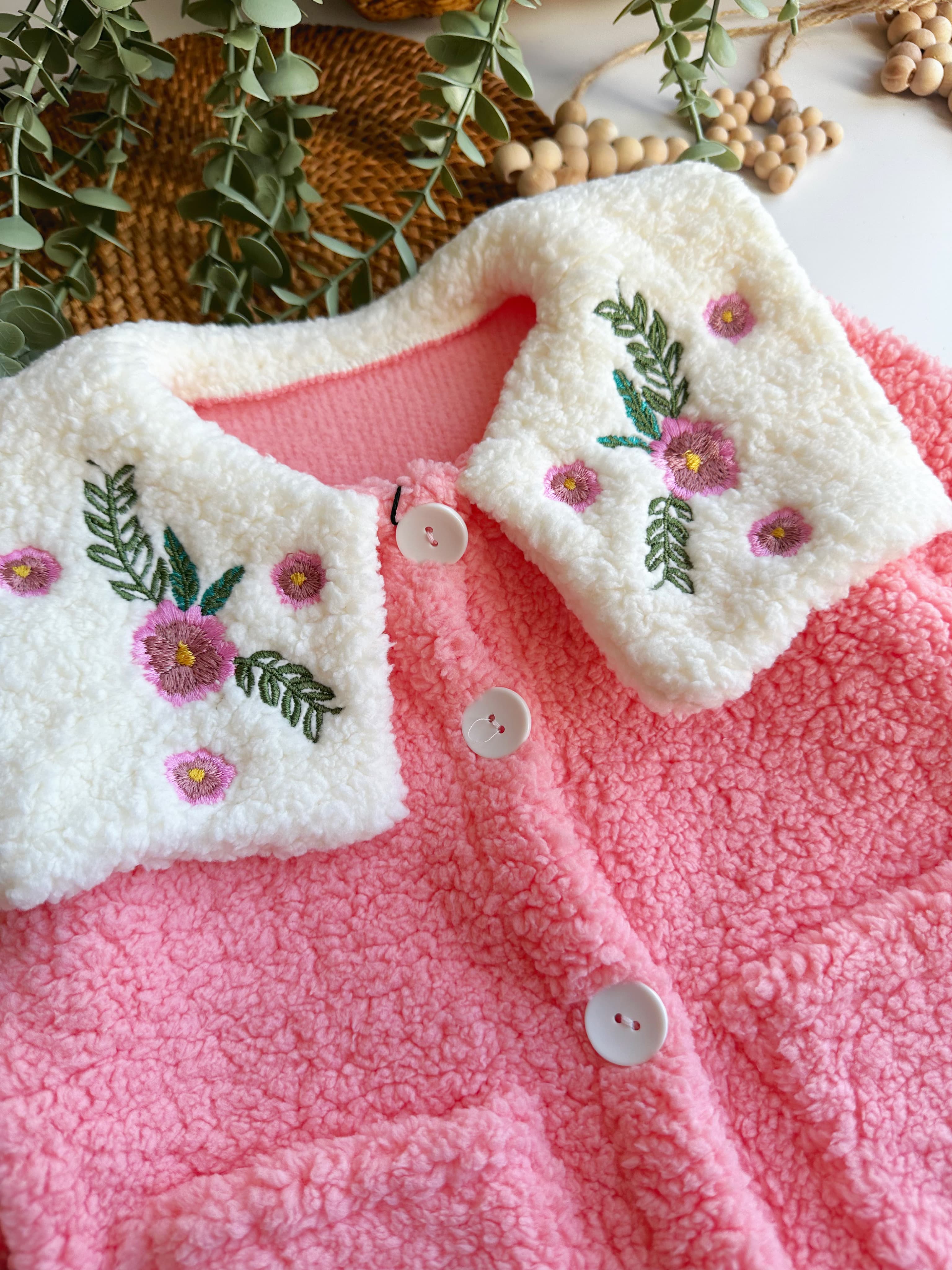 Moonaself Baby Kız Bebek Nakış Yakalı Peluş Hırka