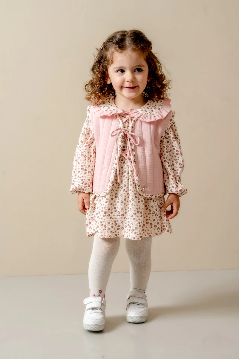 Moon Baby Kapitone Ceketli Çiçek Detaylı Elbise Çorap 3'lü Takım - Pembe