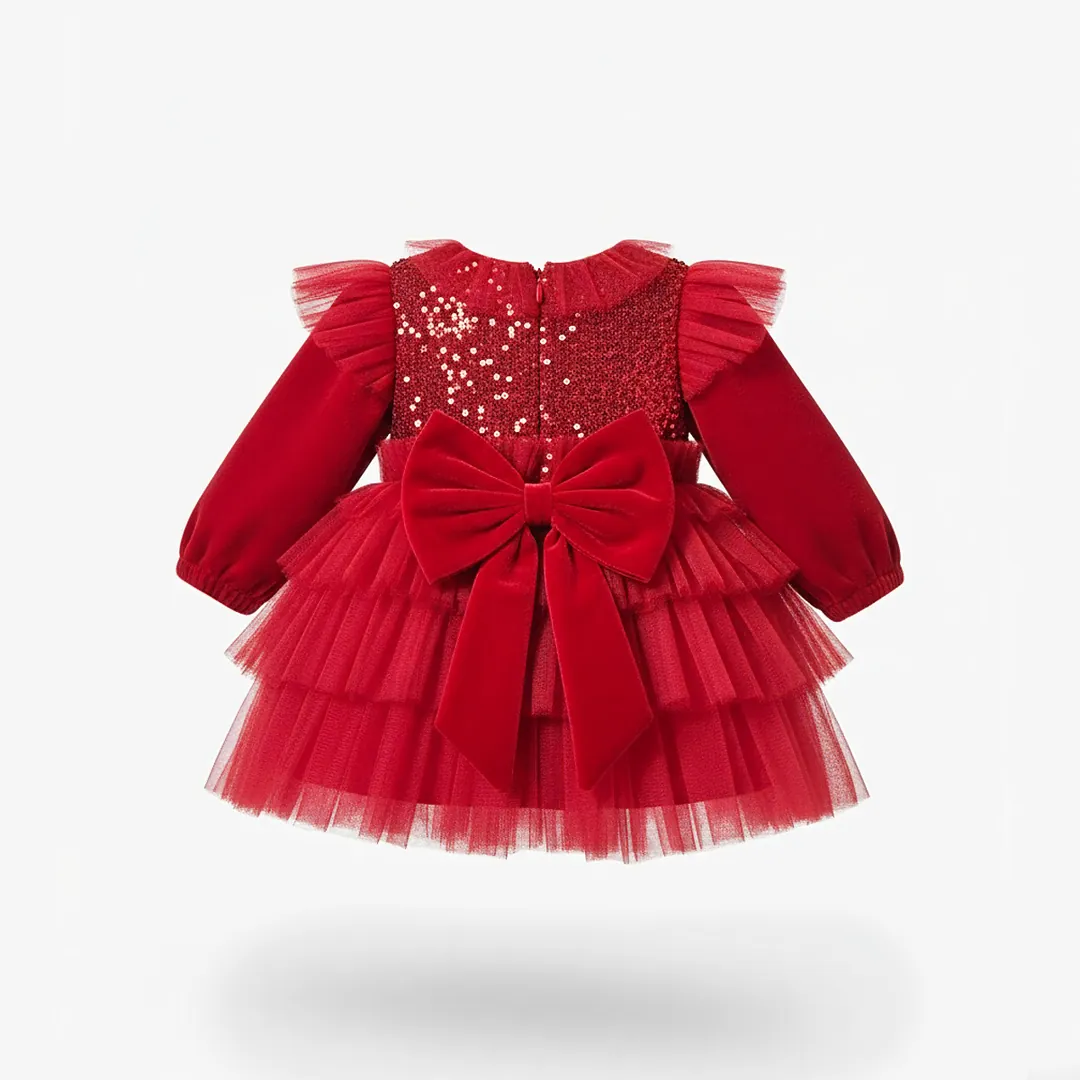 Moon Baby Kırmızı Tüllü Kadife Fiyonk Elbise