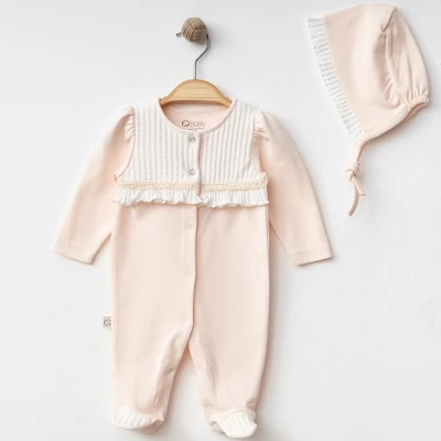 Moon Kız Bebek Organik Pamuk Kumaşlı Fırfırlı Şapkalı 2'li Tulum - Somon