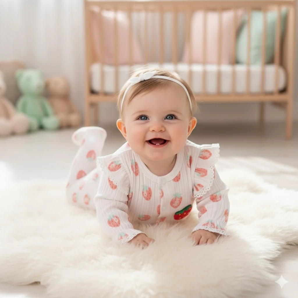 Moon Baby Organik Pamuk Kumaşlı Çilek Desenli Patikli Tulum