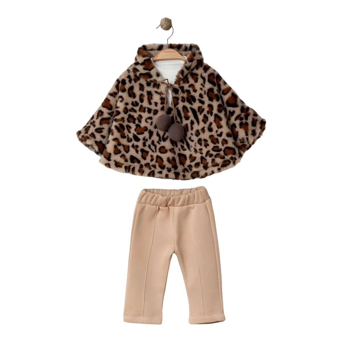 Leopar Desenli Peluş Kapüşonlu 3'lü Takım  - Kahverengi