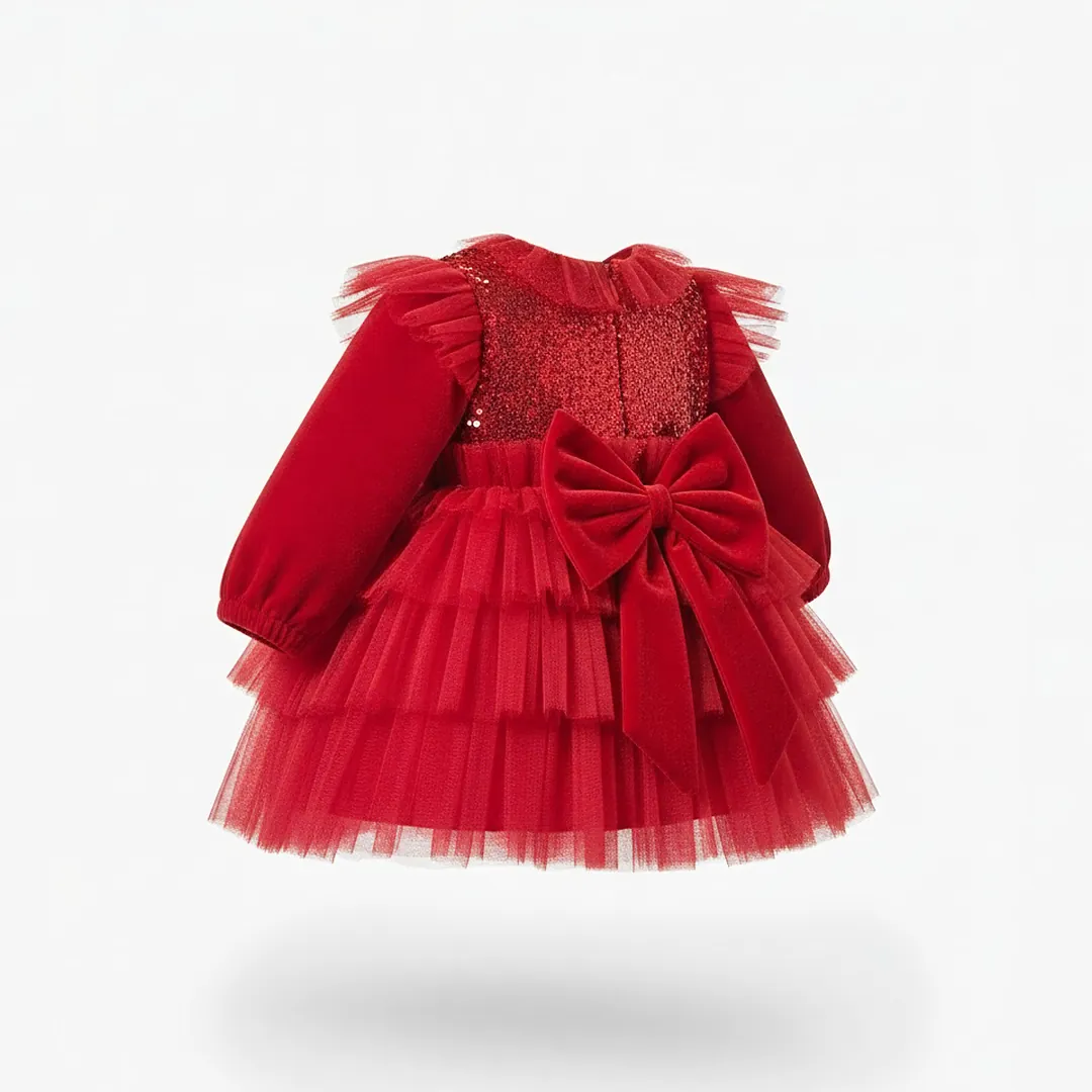 Moon Baby Kırmızı Tüllü Kadife Fiyonk Elbise