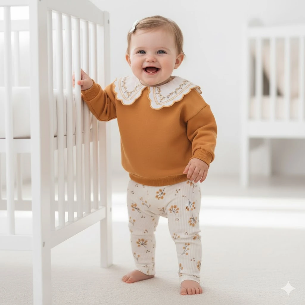 Moon Baby Nakış Yakalı Pamuk Kumaşlı Kız Bebek 2li Takım - Hardal