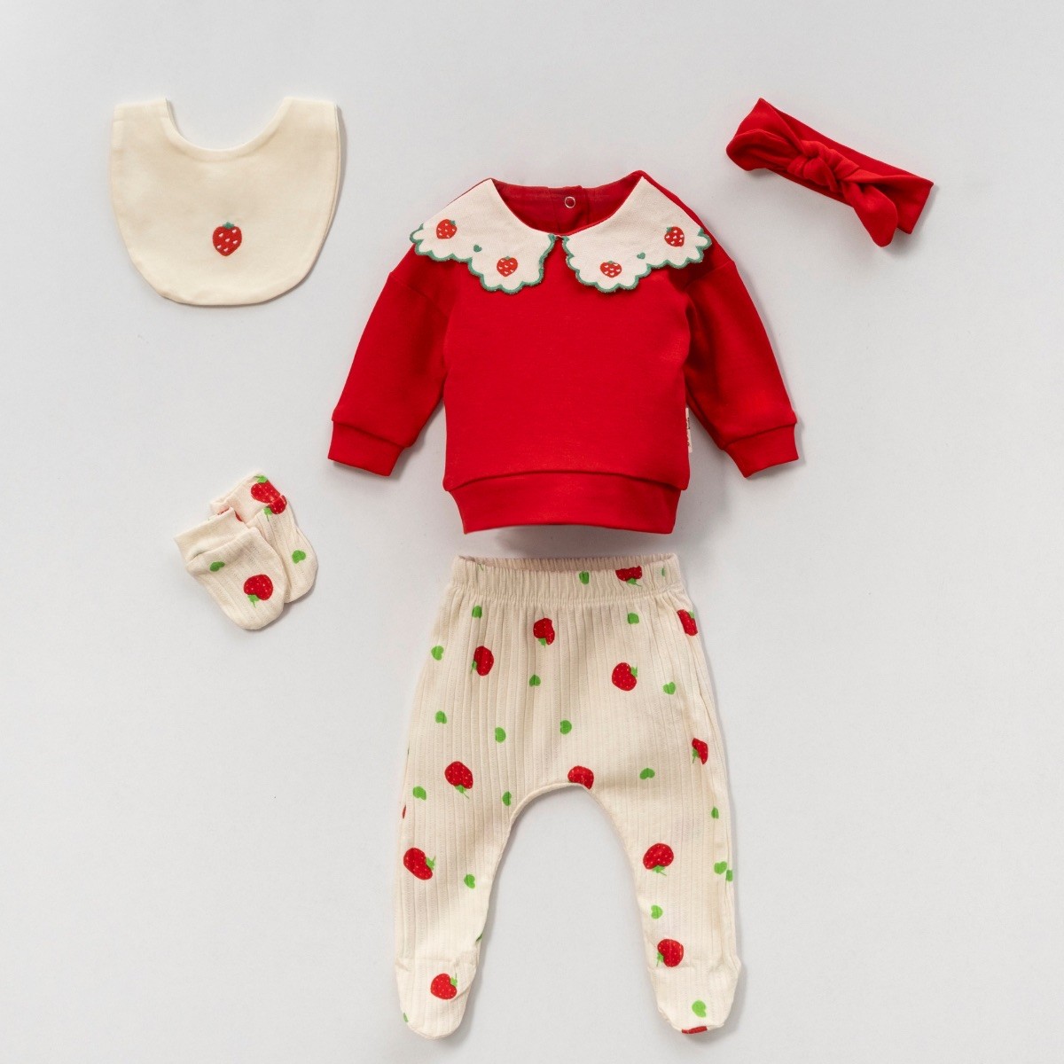 Moonaself Baby 3 Ay Çilek Nakış Yakalı 5li Set