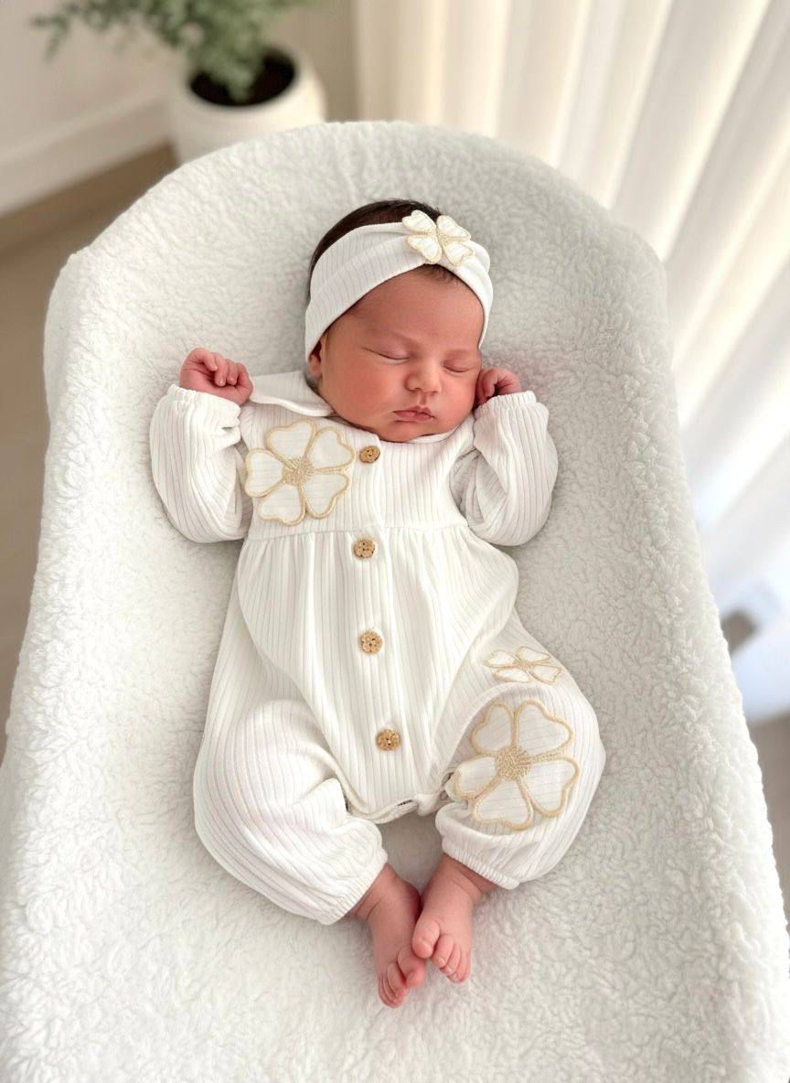 Moon Baby Vintage %100 Organik Pamuk Kumaşlı Bandanalı 2li Tulum - Ekru