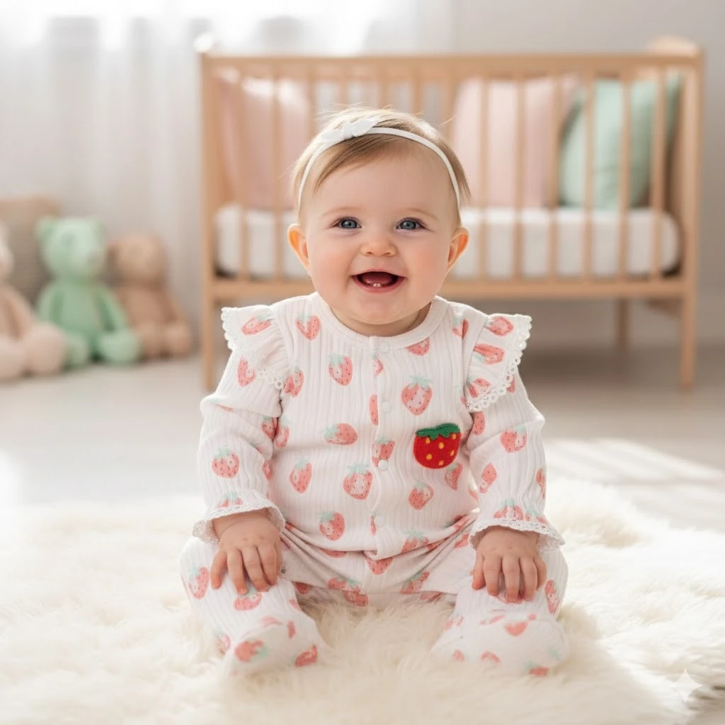 Moon Baby Organik Pamuk Kumaşlı Çilek Desenli Patikli Tulum