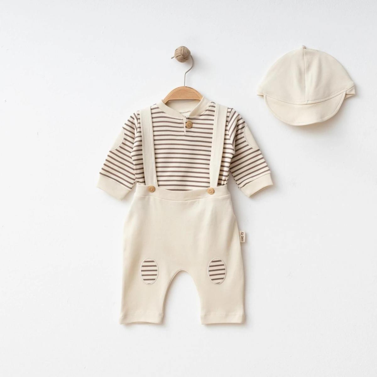 Moonaself Baby Erkek Bebek Salopetli Çizgili 3lü Takım - Krem