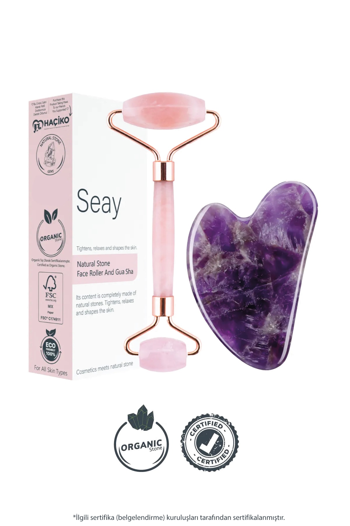 Pembe Kuvars Face Roller Ve Ametist Kalp Gua Sha Yüz Masaj Aleti Seti Değerli Doğaltaş Sertifikalı