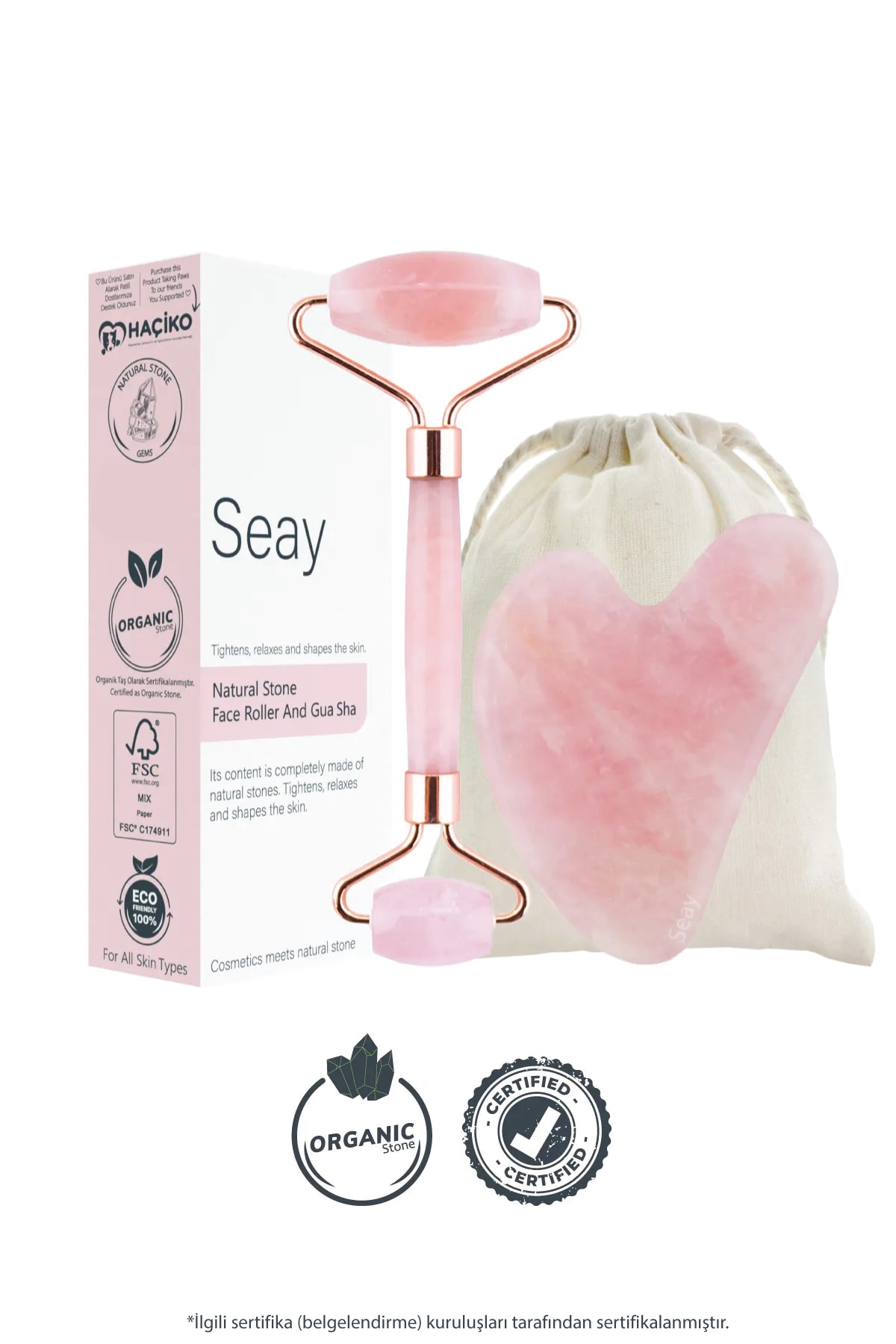 Pembe Kuvars Face Roller Ve Kalp Gua Sha Yüz Masaj Aleti Seti Keseli Değerli Doğaltaş Sertifikalı