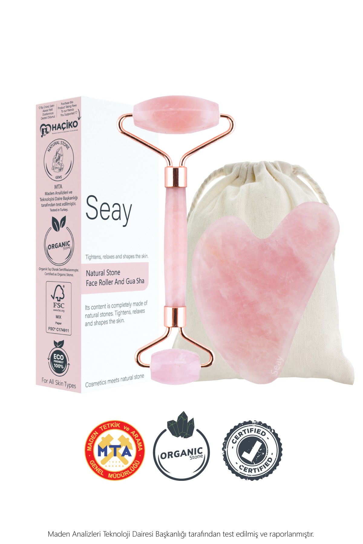 Pembe Kuvars Face Roller Ve Kalp Gua Sha Yüz Masaj Aleti Seti Keseli Değerli Doğaltaş Sertifikalı
