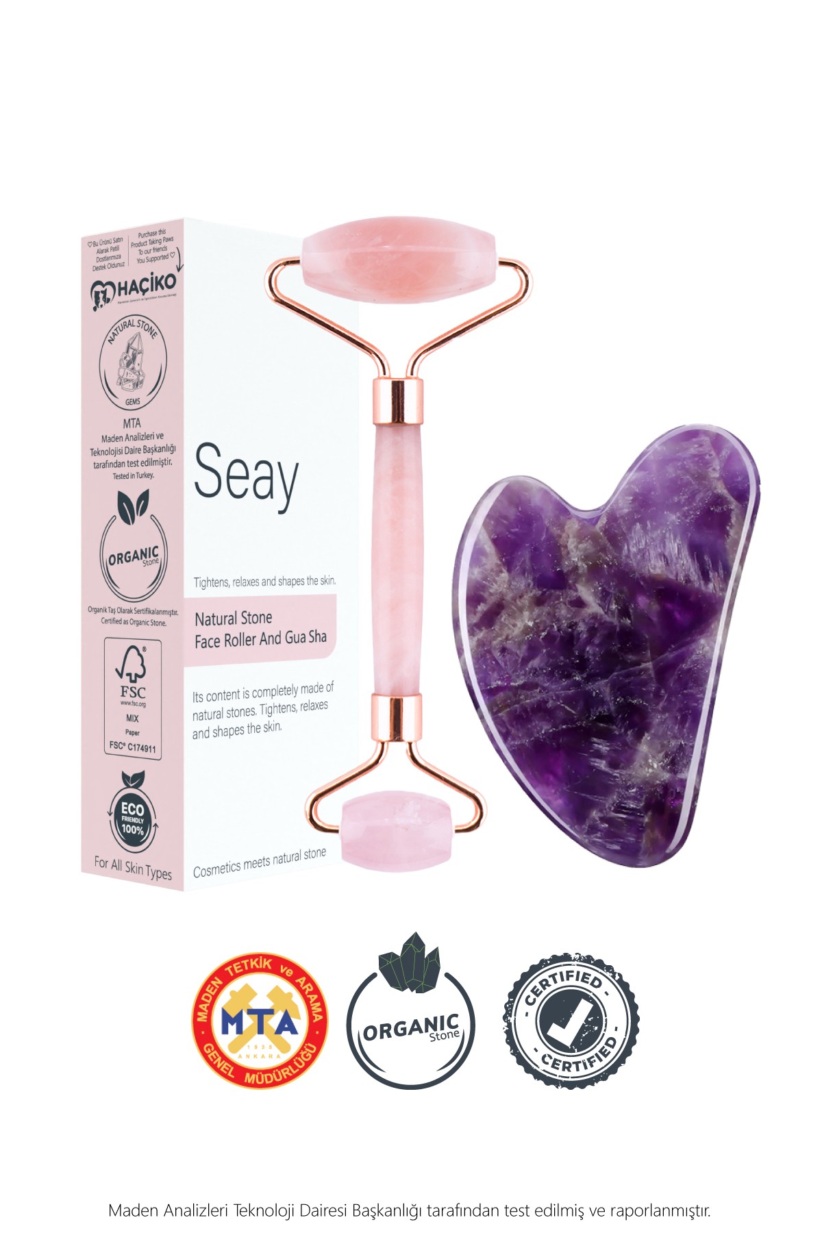 Pembe Kuvars Face Roller Ve Ametist Kalp Gua Sha Yüz Masaj Aleti Seti Değerli Doğaltaş Sertifikalı