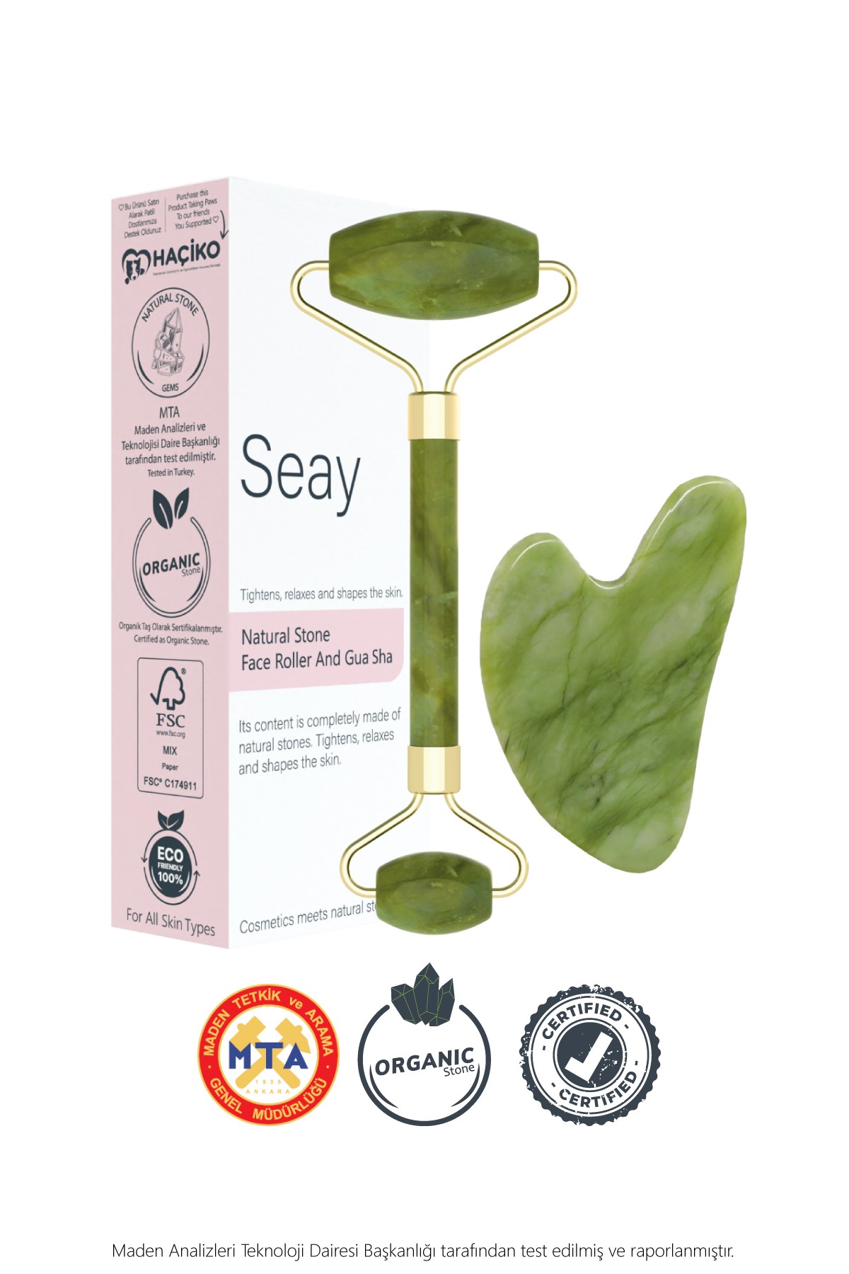 Yeşim Face Roller ve Kalp Gua Sha Yüz Masaj Aleti Seti Değerli Doğal Taş Sertifikalı