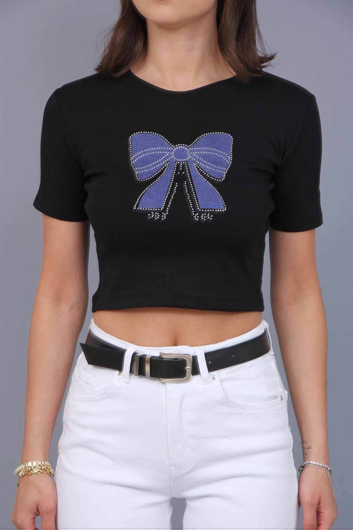 Kot Detaylı Kelebekli Crop Tişört