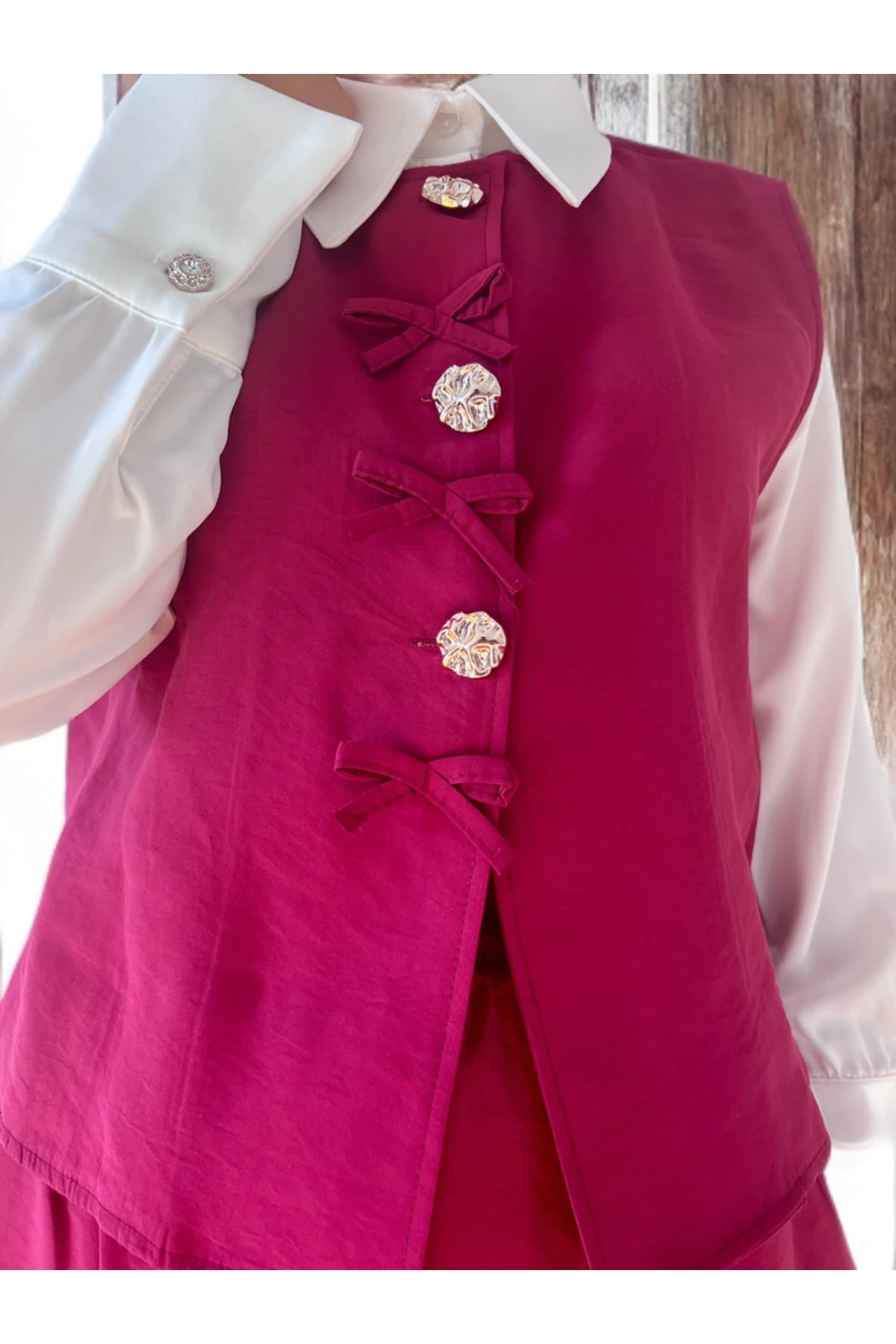 Bordo Gömlek-Yelek-Etek 3'lü Takım