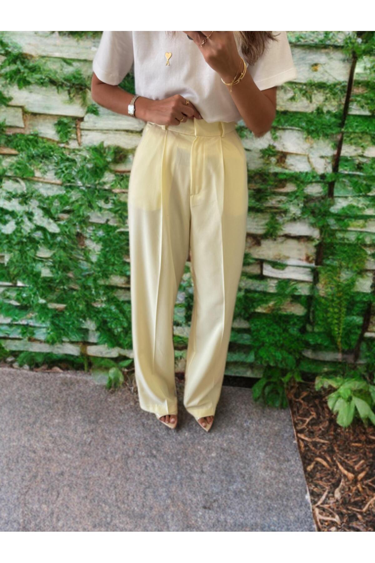 Pileli Yüksek Bel Sarı Renk Palazzo Pantolon