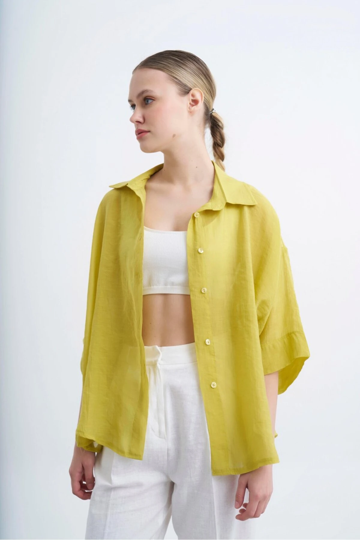 Oversize Hardal Sarısı Ipeksi Per-y Gömlek