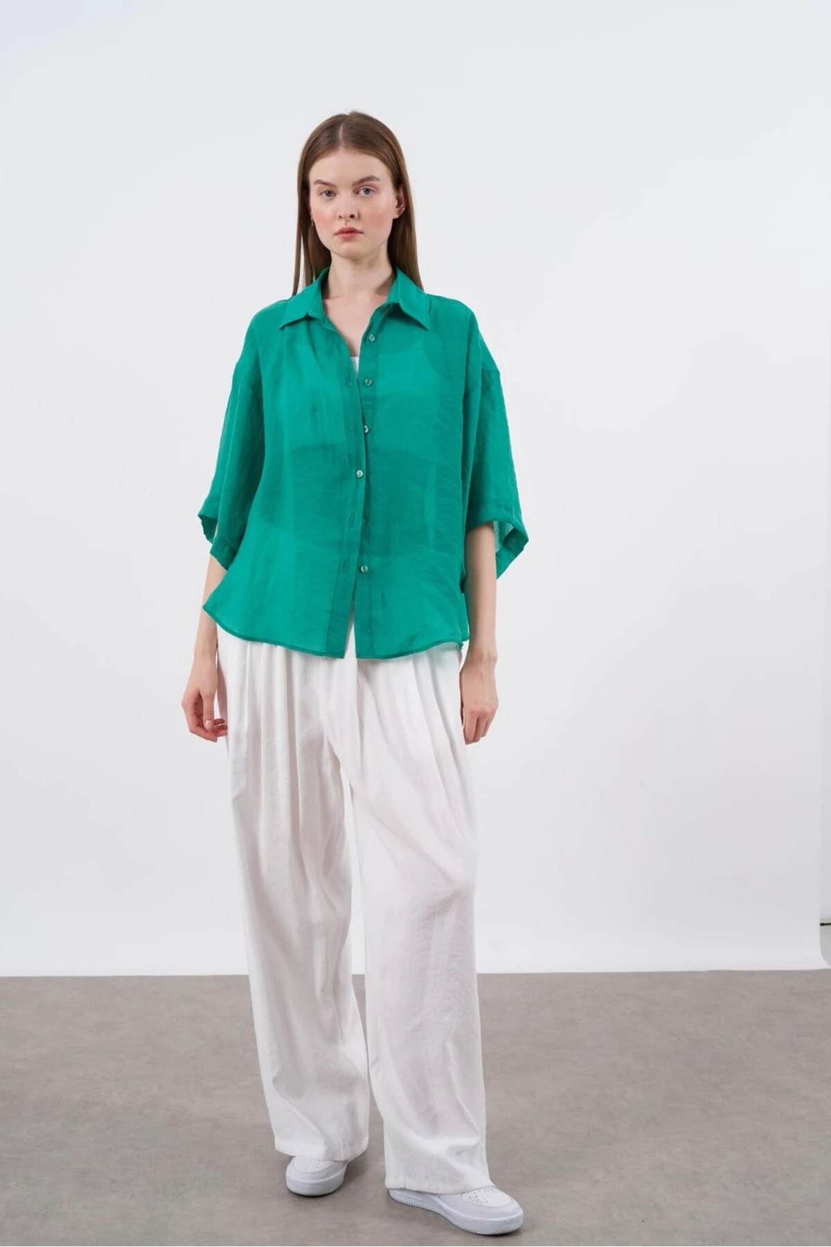 Oversize Yeşil Ipeksi Per-y Gömlek