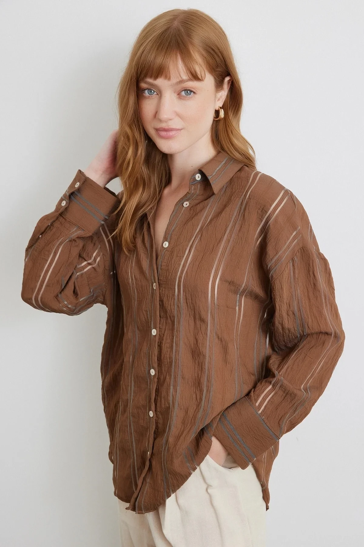 Organze Çizgili Gömlek Kahve