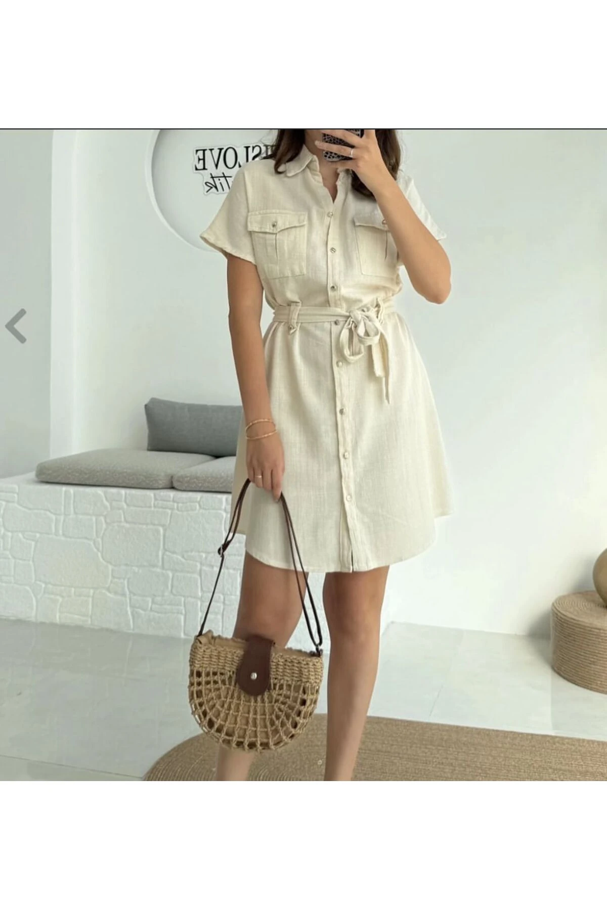 Keten Görünüm Mini Elbise