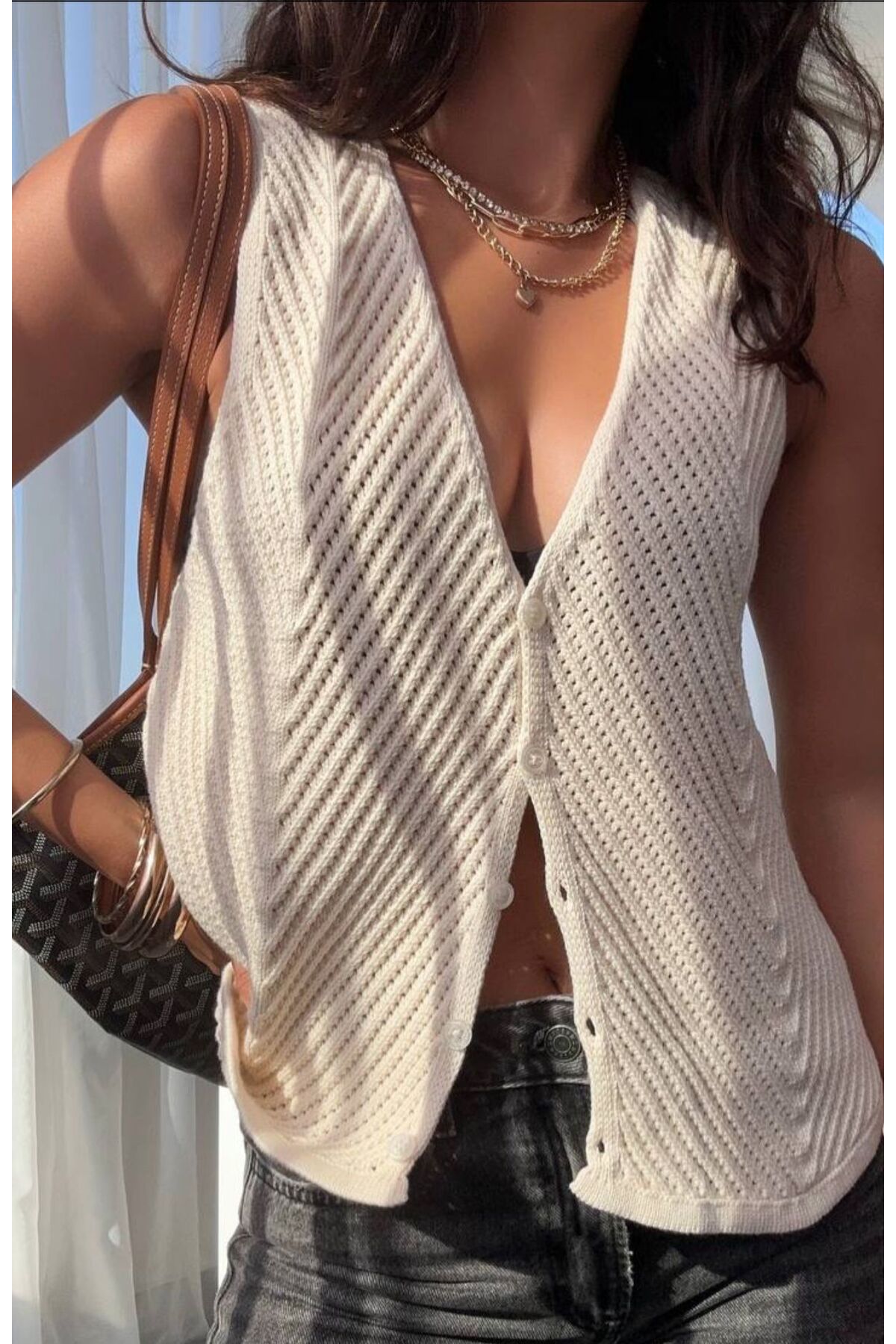 Ekru Spor Pamuk Triko Yelek