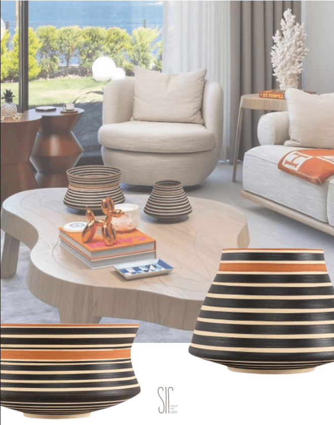 Luna Kiremit Çizgili Seramik Vazo 