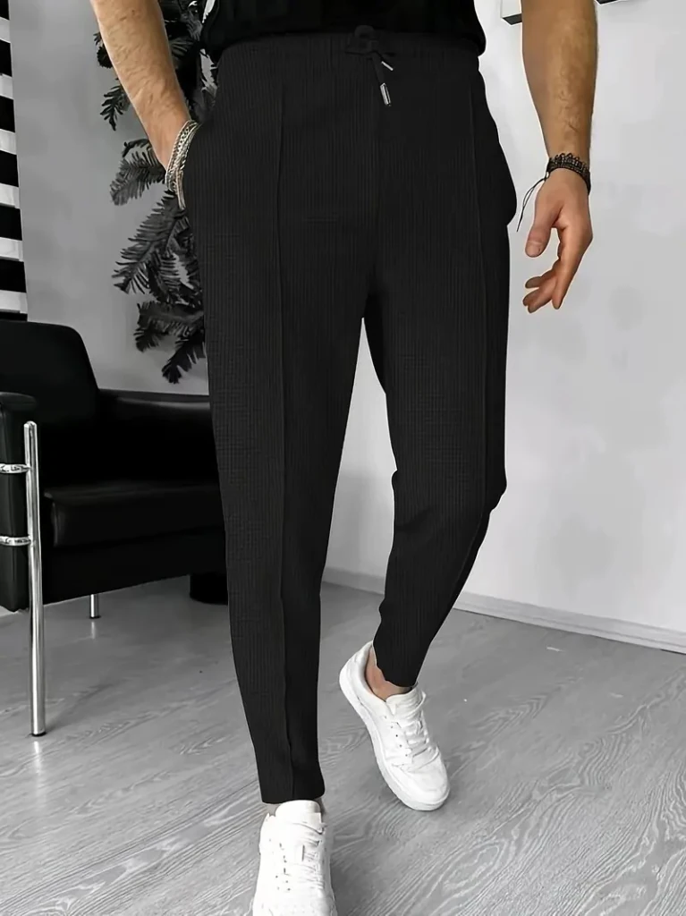 Erkek Yüksek Bel önden Bağcıklı Cepli Waffle Pantolon