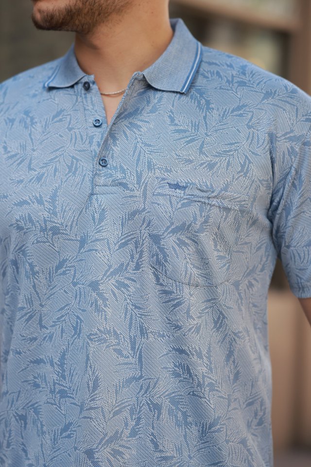 Erkek Yakalı Jakar Baskılı Kısa Kollu T-shirt