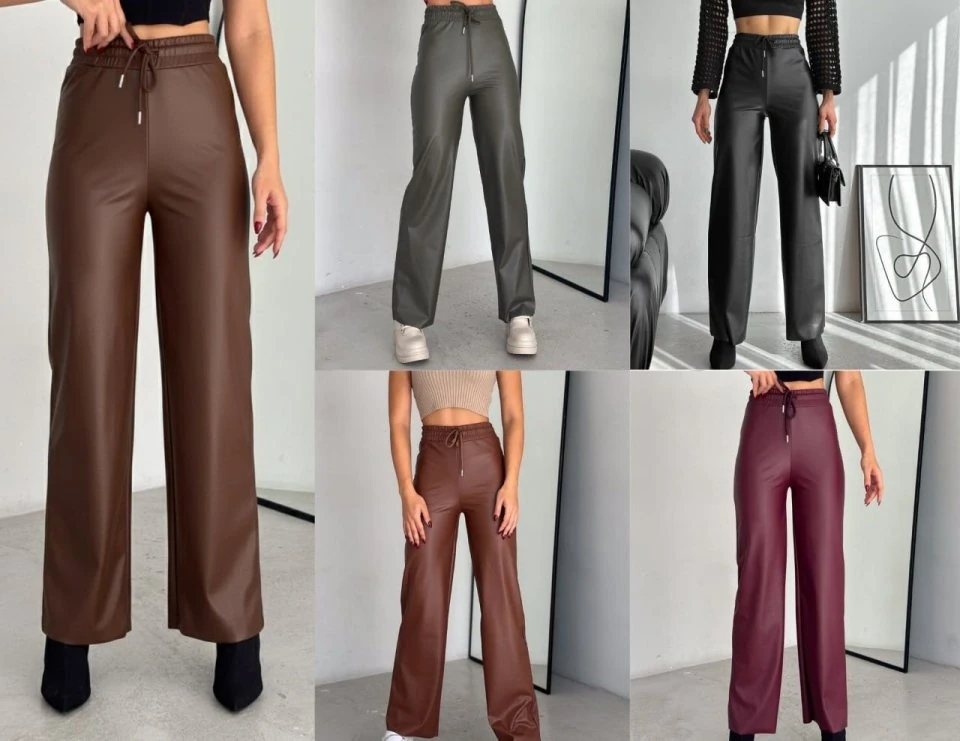 Yüksek Bel Geniş Paça Içi şardonlu Deri Pantolon.