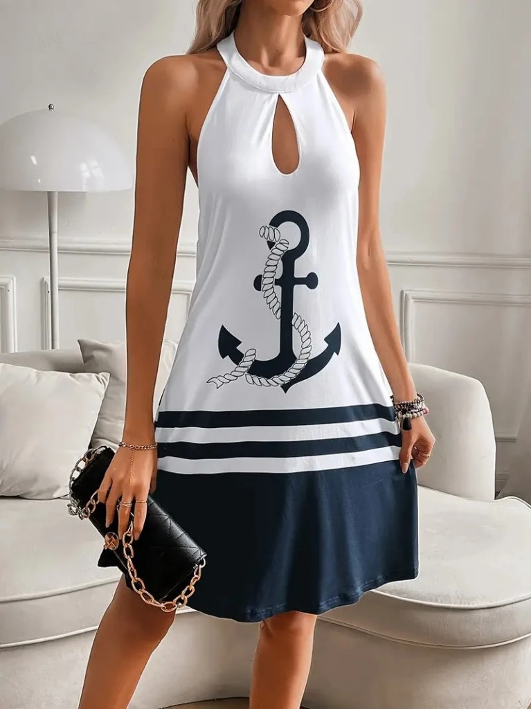 Kadın Sıfır Kol çıpa Baskılı Sırtı Açık önü Damlacık Detay Kısa Süprem Elbise