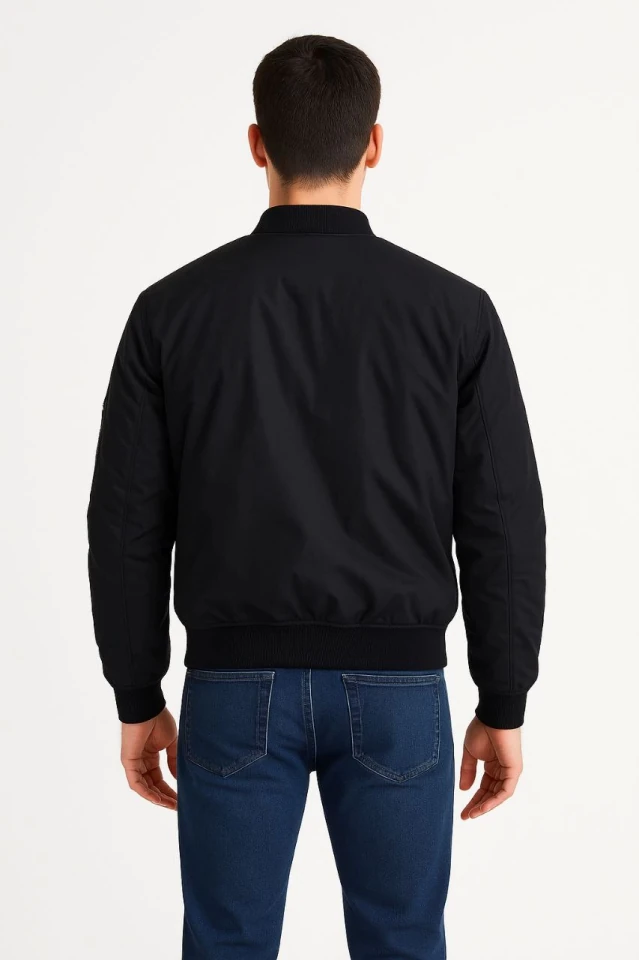 Erkek Içi Astarlı Fermuarlı Bomber Mont Ceket - Siyah