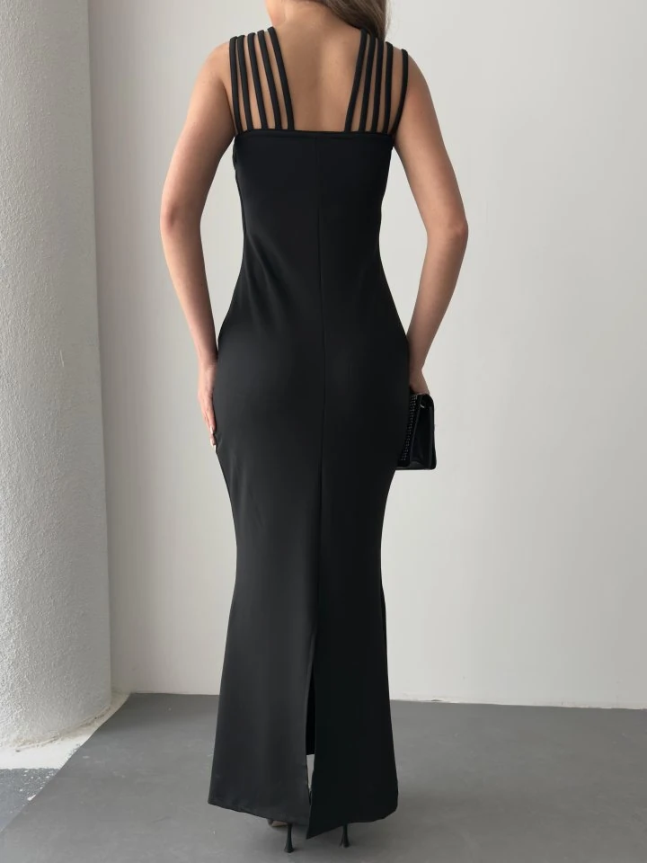 Kadın Omuz çoklu Askılı önü Taş Işlemeli Balık Kesim Janjan Krep Maxi Boy Elbise