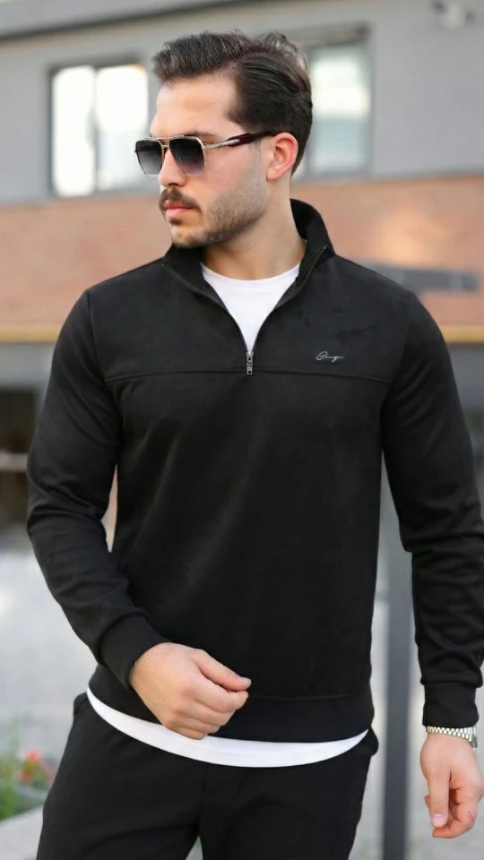 Erkek Süet Yarım Fermuar Dik Yaka Sweat