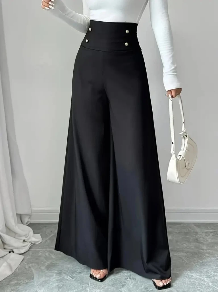 Kadın Yüksek Bel Düğmeli Geniş Paçalı Ithal Krep Pantolon