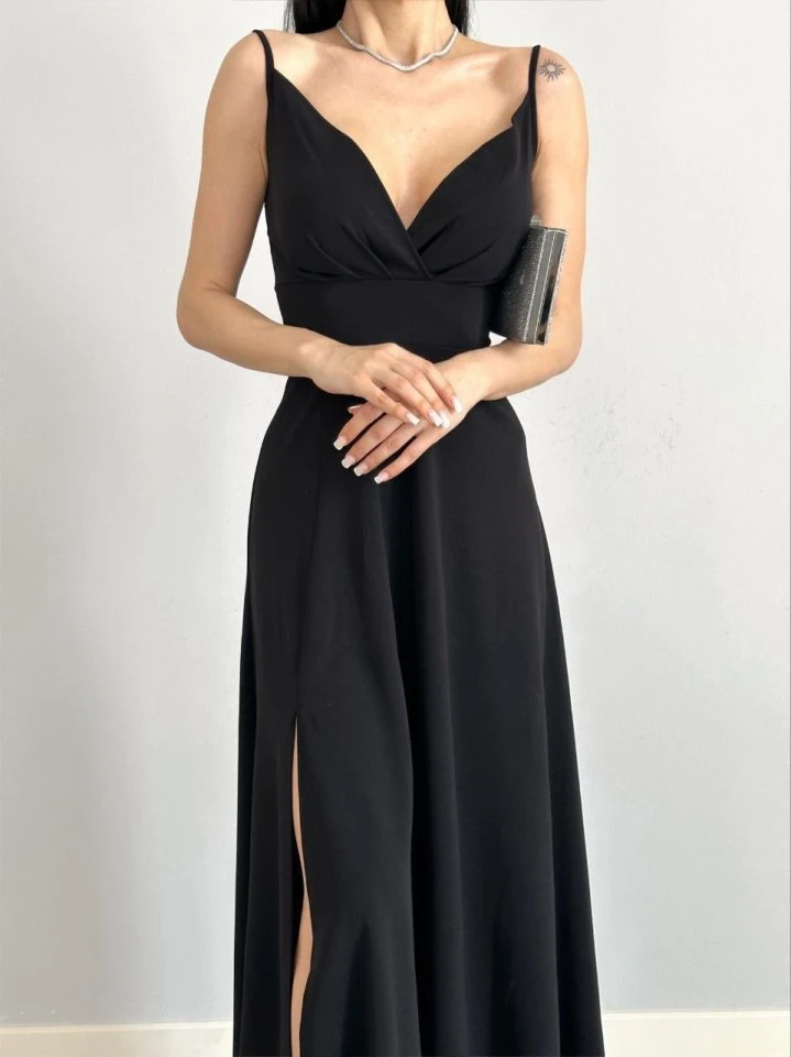 Kadın Ip Askılı Kruvaze Yaka Maxi Boy Abiye Elbise