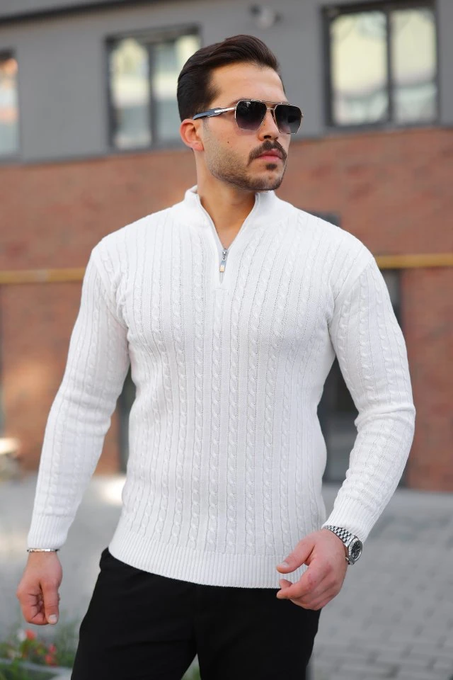 Erkek Örgü Desen Zip Yaka Triko