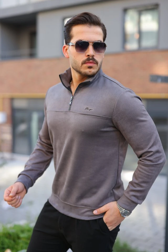 Erkek Süet Yarım Fermuar Dik Yaka Sweat