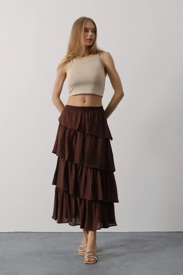 Katlı Kesim Uzun Etek - Kahve