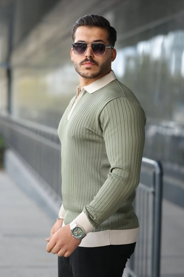 Erkek Kol Ve Yaka Detaylı Uzun Kollu Triko