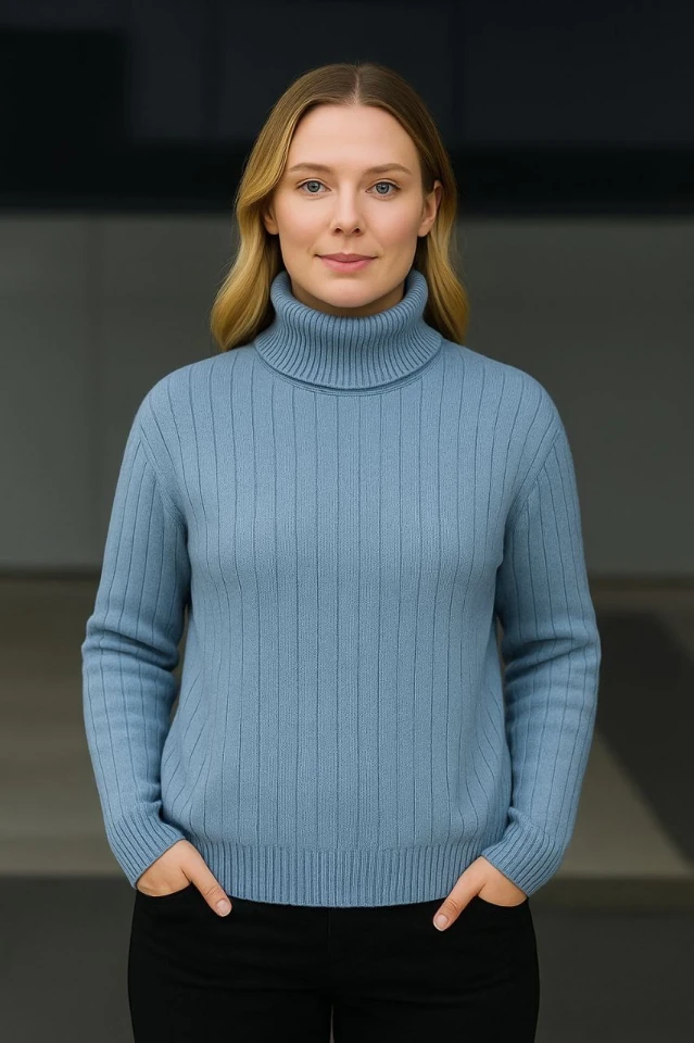 Balıkcı Yaka Bağazlı Triko Kazak Pamuklu Kalın Fitilli Dokuma - Bebek Mavisi