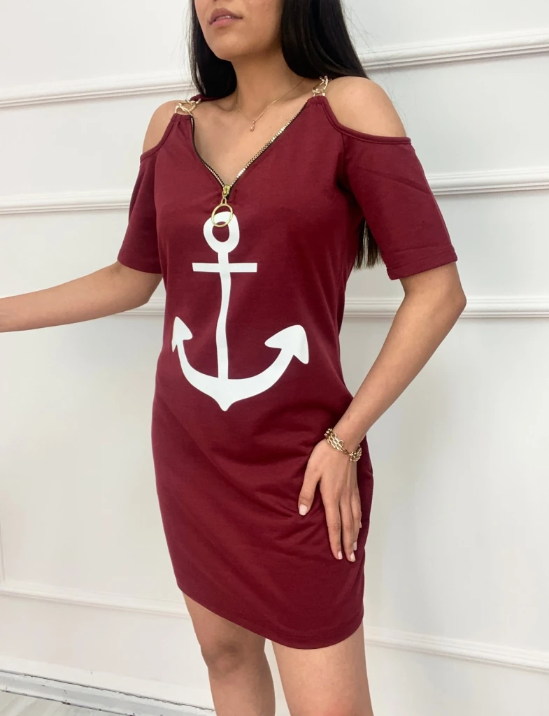Fermuar Detay çıpa Baskılı Zincir Askılı Iki Iplik Elbise - Bordo