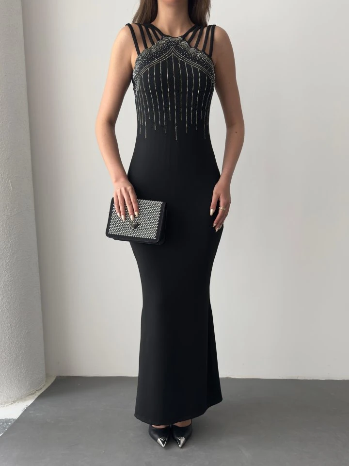 Kadın Omuz çoklu Askılı önü Taş Işlemeli Balık Kesim Janjan Krep Maxi Boy Elbise