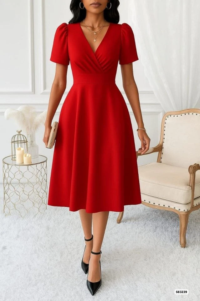 Kadın Kruvaze Yaka Kısa Kollu Midi Boy Krep Kumaş Elbise