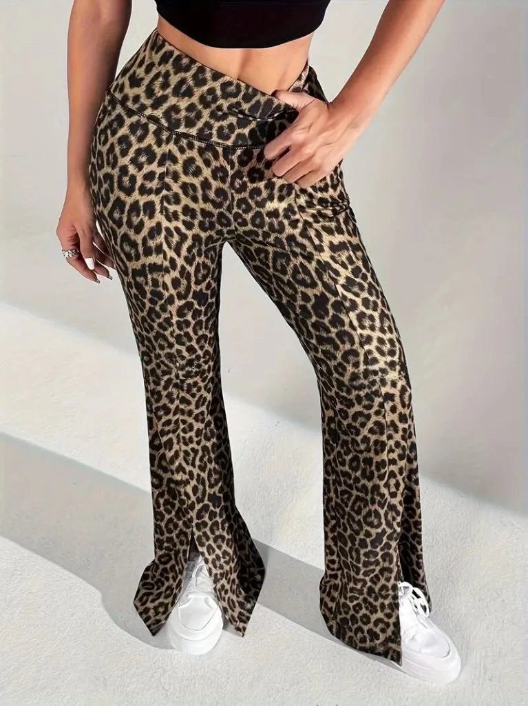Kadın Yüksek Bel Leopar Desenli Yırtmaçlı Dalgıç Tayt