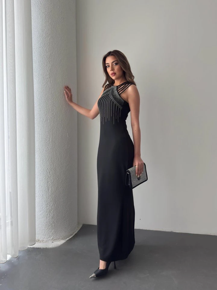 Kadın Omuz çoklu Askılı önü Taş Işlemeli Balık Kesim Janjan Krep Maxi Boy Elbise