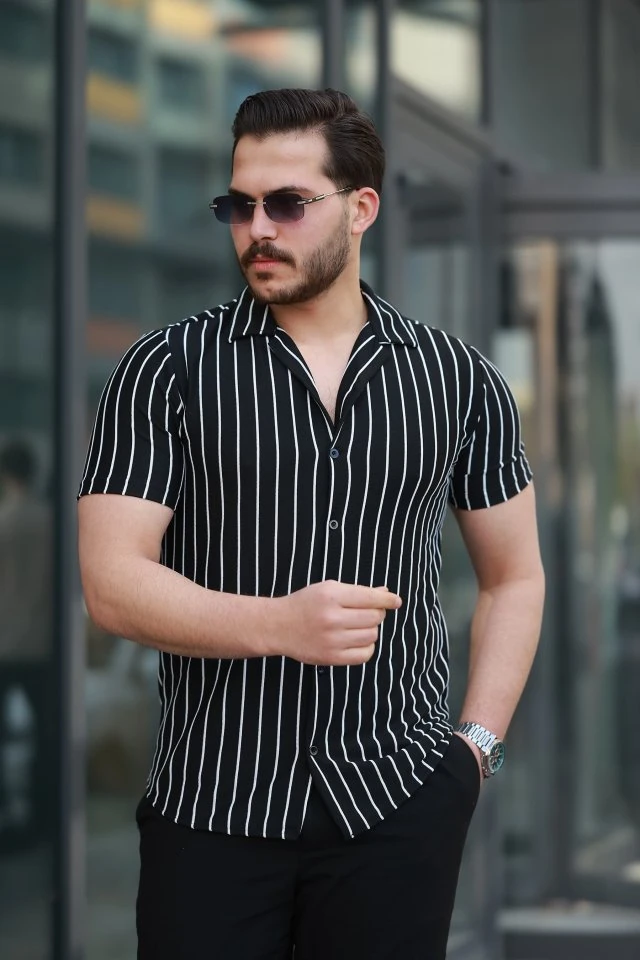 Erkek Kısa Kollu Beyaz çizgi Desenli örme Kumaş Pamuklu Gömlek