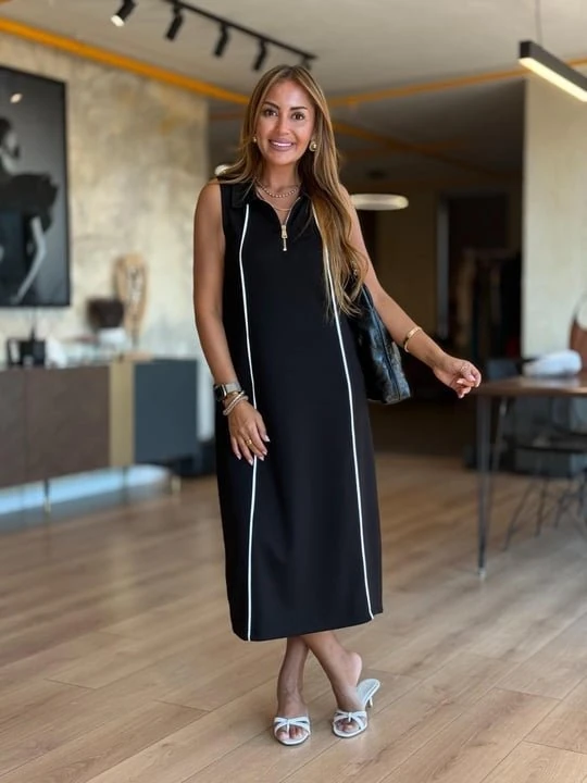 Kadın Modal Kumaş şerit Detaylı Fermuarlı Midi Elbise