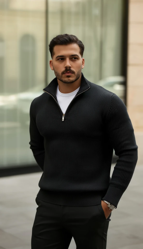 Erkek Balıkçı Zip Yaka Uzun Kollu Triko